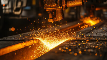 Craftsman shaping metal with a powerful forge, creating sparks in a dimly lit workshop during late afternoon hours