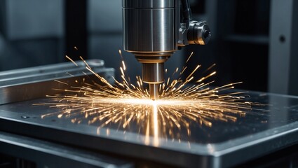 Close-up of metal machine creating sparks during industrial process.