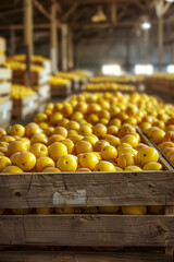 Poster - Yellow pears harvested in wooden boxes in a warehouse. Natural organic fruit abundance. Healthy and natural food storing and shipping concept.