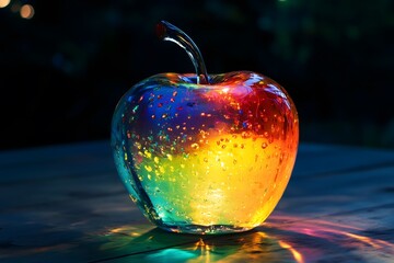 Wall Mural - An illustration of a glowing and multicolored glass apple standing outside