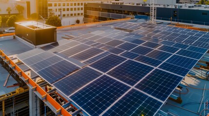 Wall Mural - Installation of solar panels on a new building under construction, showcasing the integration of renewable energy in modern construction projects, with a focus on efficiency and future-forward