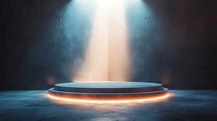  minimalistic, futuristic stage illuminated by dramatic beams of light, highlighting the circular platform in a dark, atmospheric setting.