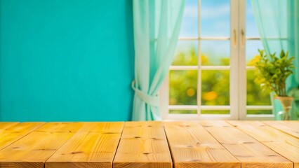 Wood table in focus, blurred curtain and sunlit green garden background, perfect for product display.