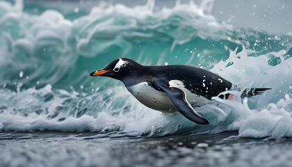 Poster - Gentoo penguins gracefully diving amidst towering waves along the stunning coast of the Falkland Islands