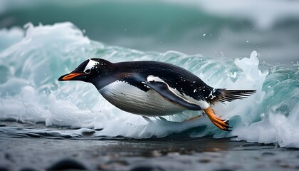 Poster - Gentoo penguins gracefully diving amidst towering waves along the stunning coast of the Falkland Islands