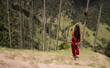 © Milou Dirks - rear view of woman in long red dress posing in giant wax palm tree forest in Colombia
