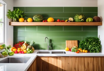 bright clean kitchen filled fresh vibrant fruits vegetables showcasing colorful produce organized space, colors, freshness, cleanliness, organization