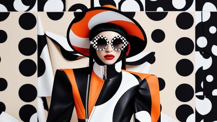 A model showcases avant-garde fashion with oversized shapes and bold polka dots, set against a strikingly patterned backdrop that captivates the viewer’s attention