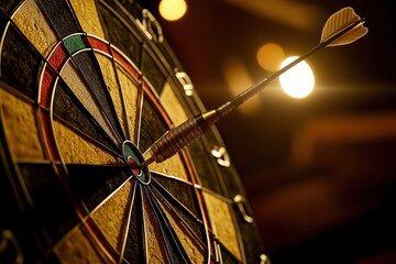 An expertly thrown dart hits the bullseye on a traditional dartboard, capturing the moment of precision in a warm, inviting atmosphere