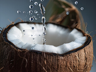 Open coconut with water splashes