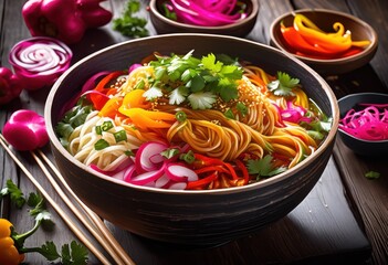 Wall Mural - vibrant noodle dish garnished colorful sauces delicious culinary experience, ingredients, vegetables, herbs, meal, food, plate, cuisine, spices, texture