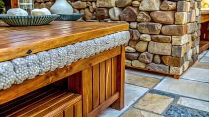 Wall Mural - A cozy wooden bench with cushions on a tiled patio.