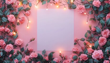 Sticker - Pink Roses and Lights Frame a Blank Card on a Pink Background