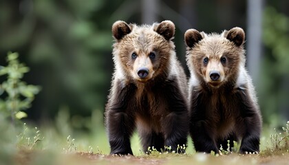 Wall Mural - Playful brown bear cub exploring the lush wilderness of Finland