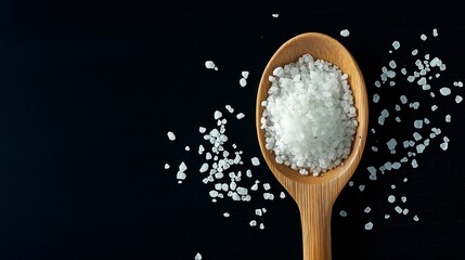 salt in a wooden spoon on the black background