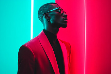 Trendsetting Men in Red Suit with Solid Neon Teal Background Fashionable Portrait