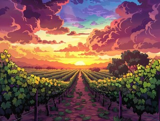 Canvas Print - Vineyard Sunset: Rows of Grapes Bathed in Evening Light