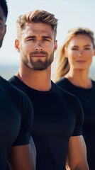 Close-up of a group of fitness people in gym clothes. Well-groomed people in fitness photography.