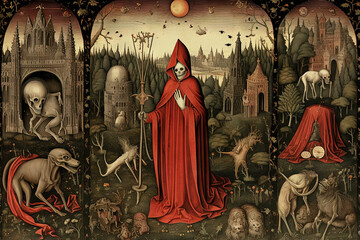 Medieval styled occult art with skeleton and monsters. Ancient icon or old book illustration with mystic religious scene