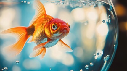 A close-up of a goldfish in a glass bowl, with its bright orange scales glistening in the light and bubbles rising to the surface.