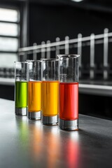 Biotechnology lab featuring multi-colored glowing liquids in test tubes, representing advanced gene therapy research