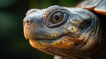 A close-up of a turtle face, with its wise, ancient eyes and textured skin clearly visible, against a blurred natural background.