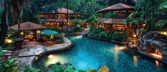 Serene Paradise Retreat: Luxurious Resort Surrounded by Lush Tropical Gardens and Sparkling Pools