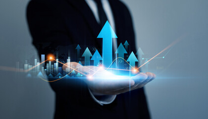 Leinwandbilder - Arrow up with graph corporate future growth plan.Businessman draw growth graph chart. Financial marketing graph grow chart.Business increase, profit, development and success.