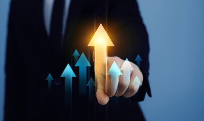 Leinwandbilder - Arrow up with graph corporate future growth plan.Businessman draw growth graph chart. Financial marketing graph grow chart.Business increase, profit, development and success.