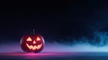 Wall Mural -   A glowing jack-o'-lantern emits smoke amidst a foggy night