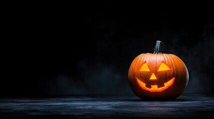 Wall Mural -   A carved pumpkin with a Jack-o'-lantern face, illuminated against a dark background