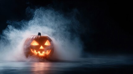 Wall Mural -   A Jack-o'-lantern floating on water with steam rising from its top