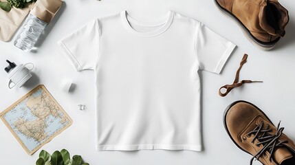 Wall Mural - White T Shirt Mockup Flat Lay with Travel Accessories