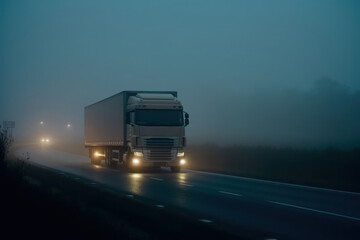 A large semi truck is driving down a foggy road at dawn. The headlights of the truck are on, illuminating the road ahead.