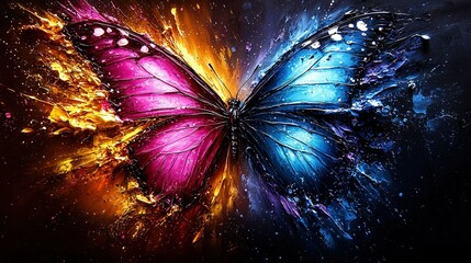 Wall Mural -   Colorful butterfly flies in water-splashed wings; red, yellow, blue, purple, and orange