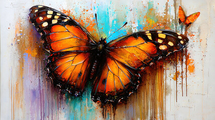 Wall Mural -   A butterfly with orange and black spots on its wings, painted against a blue and white background