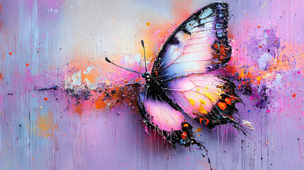 Wall Mural -  A stunning painting of a vibrant pink and blue butterfly against a rich purple and pink background, adorned with various splatters of paint