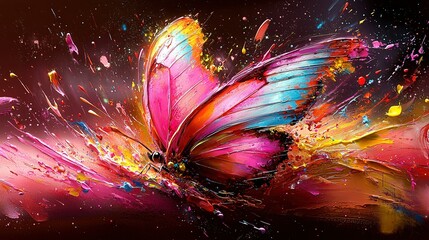 Wall Mural -  A vibrant butterfly painted in shades of pink and blue, with expressive brushstrokes adorning its wings against a dark canvas backdrop