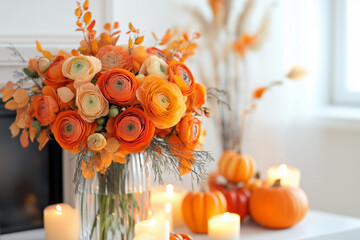 Bouquet of autumn leaves and light orange anemones, roses and ranunculus in a vintage vase.