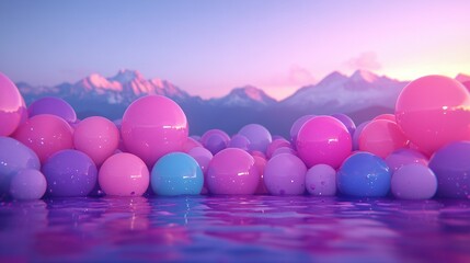 Wall Mural -   Balloons float on water, mountains in background