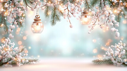  A festive scene with two glowing lanterns dangling from a snow-covered tree, illuminating white flowers