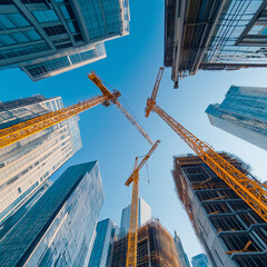 Construction site of Modern Skyscrapers Touching the Sky in Sunlight Upward view of towering skyscrapers.