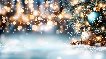 Wall Mural -   A Christmas tree with ornaments and snowflakes on a blue background, with a blurry bokeh of lights