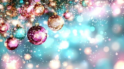 Wall Mural -   A focused image of a Christmas tree adorned with ornaments and hazy lights behind