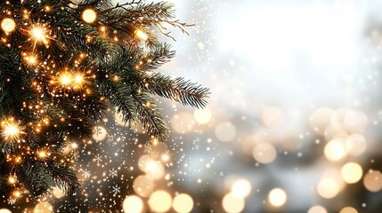 Wall Mural -   A photo of a close-up pine tree surrounded by blurred lights in the foreground, with a faintly blurred light background