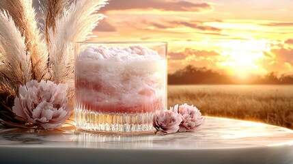 Wall Mural -   A vase holding pink flowers and grass sits atop a table with an ice-filled glass resting nearby