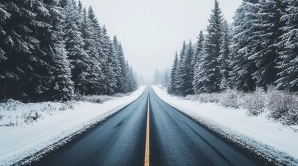 A straight, empty road through a snow-covered landscape, with tall pine trees on either side and a pale winter sky overhead.