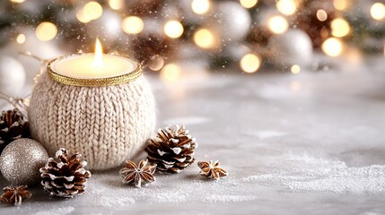 Wall Mural -   A knitted tea light holder holds a lit candle, surrounded by pine cones and Christmas decorations