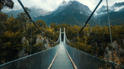 A suspension bridge swaying slightly in the wind, with mountains towering in the background.