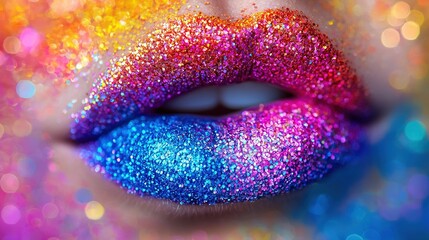   A close-up of a woman's lips with glitter on both the upper and lower lips